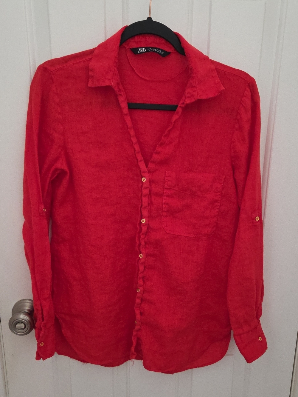 Zara Red Linen-Blend Button-Up Shirt